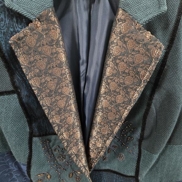 Coldwater Creek Embroidered Patchwork Blazer Jacket Womens P8 Blue Teal Metalic - Picture 13 of 14